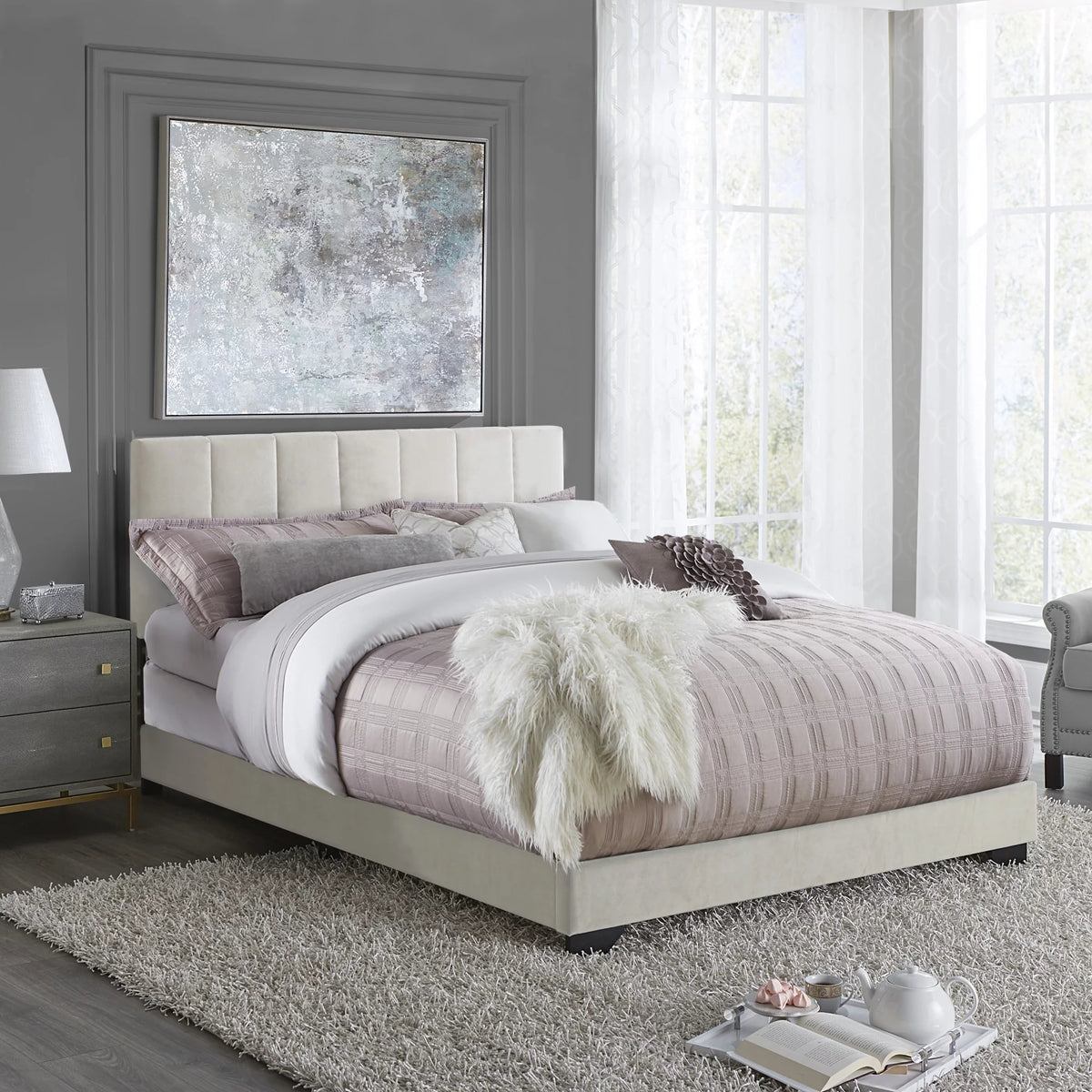 Ivory Channel Stitched Upholstered Queen Bed X80449