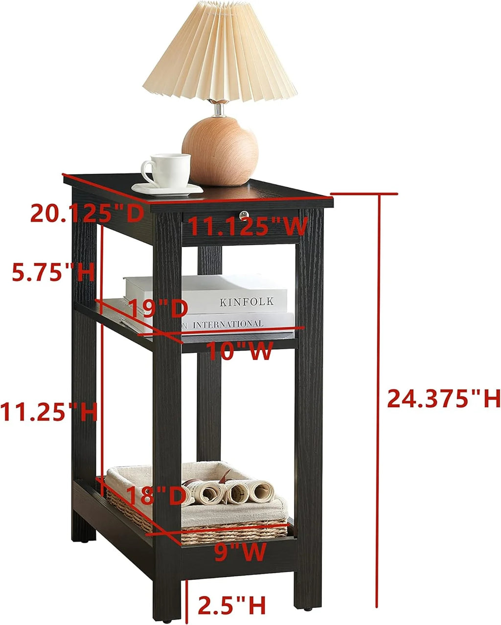Black Slim Side End Table with Storage Shelves O800791