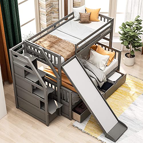 Gray Wood Twin Over Full Bunk Bed with Stairs and Slide X122513