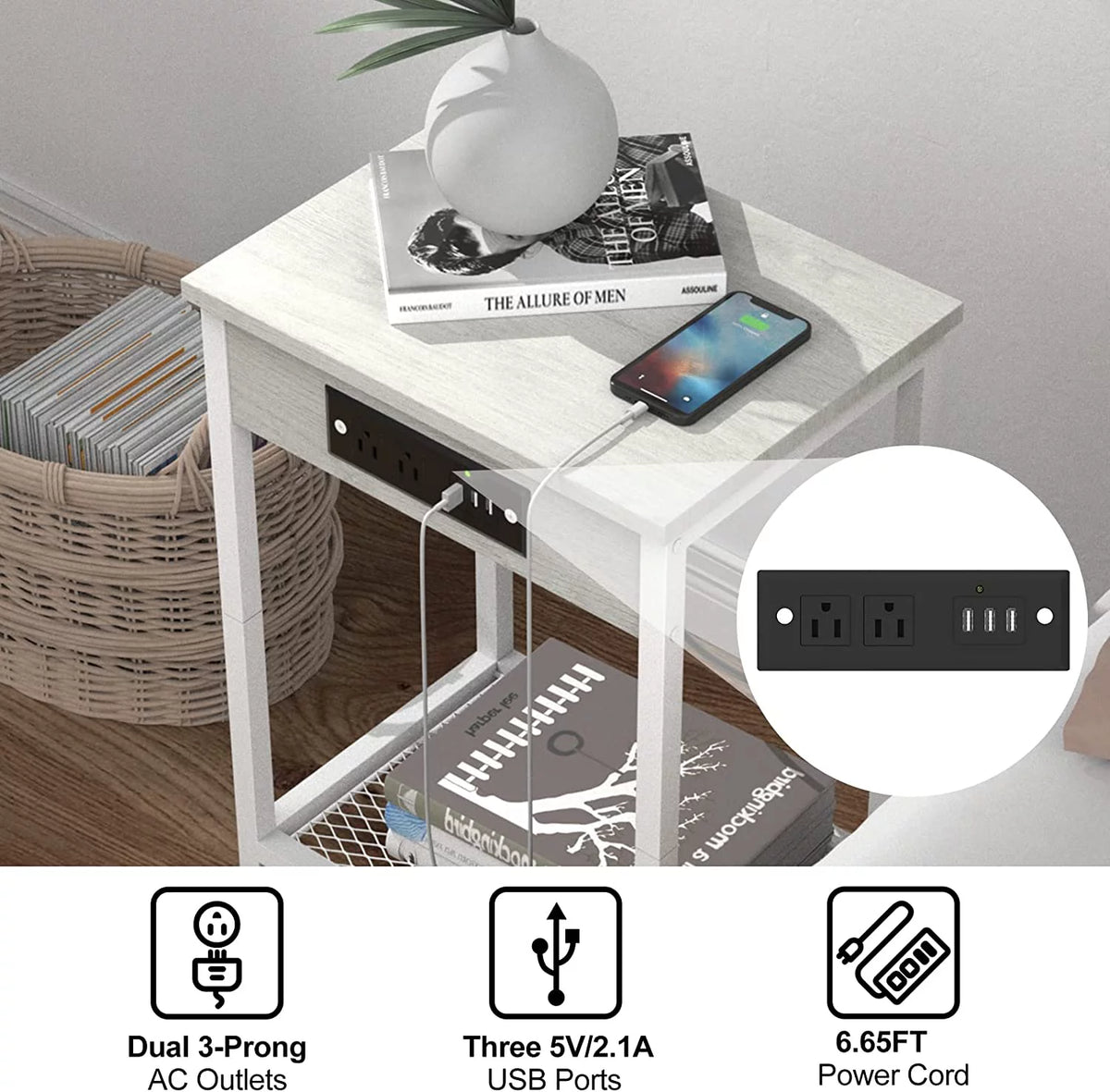 White Set of 2 Nightstand End Table with Charging Station Q86682