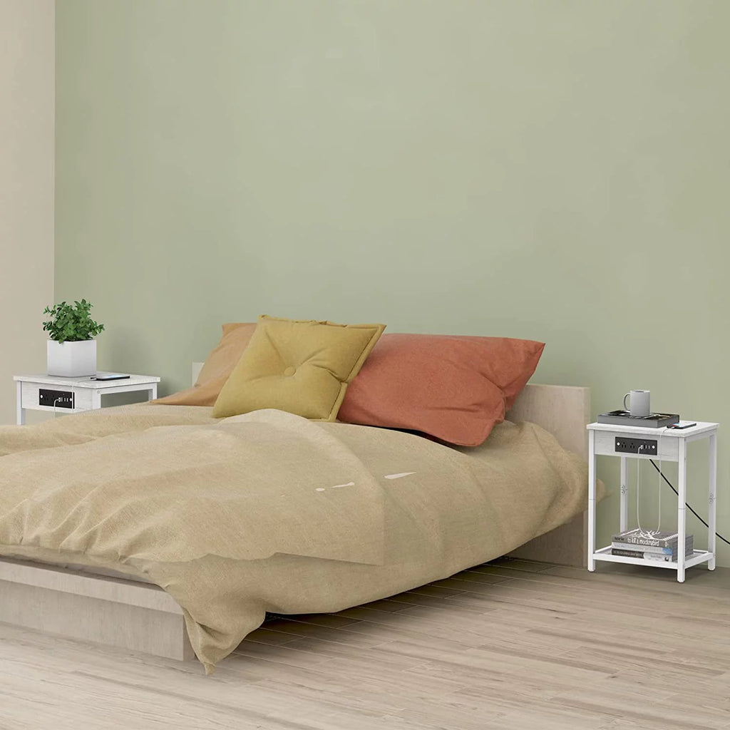 White Set of 2 Nightstand End Table with Charging Station Q86682