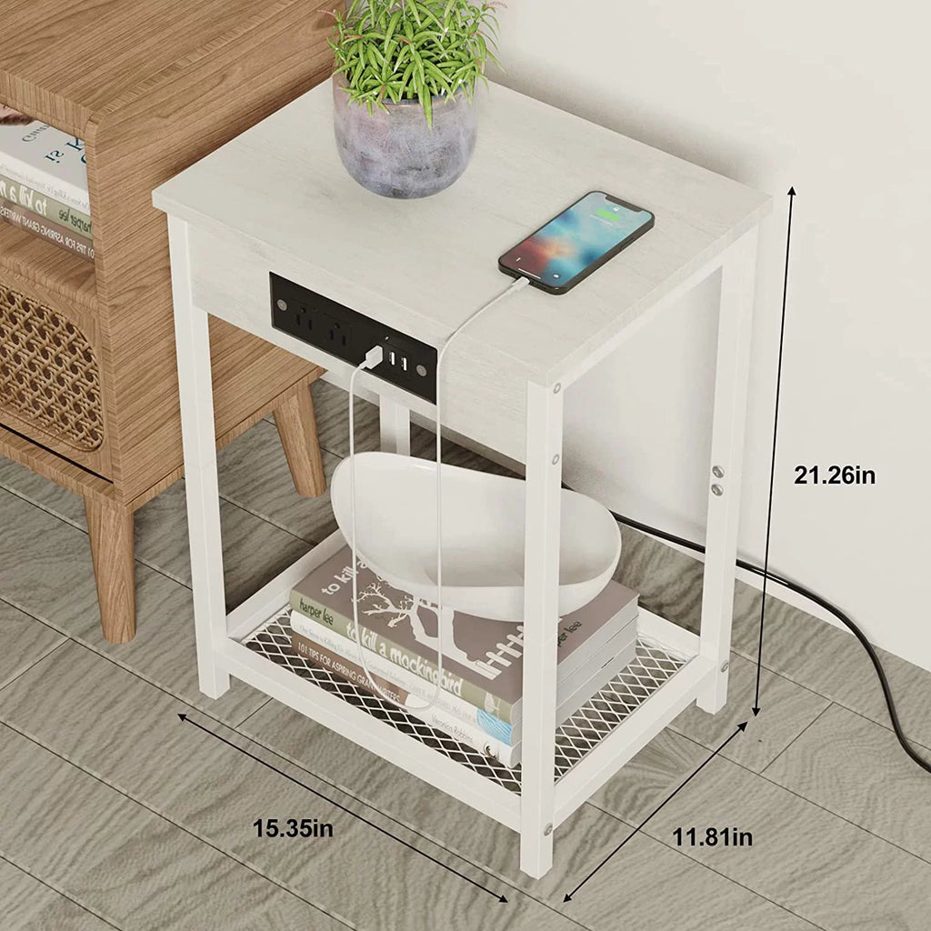 White Set of 2 Nightstand End Table with Charging Station Q86682