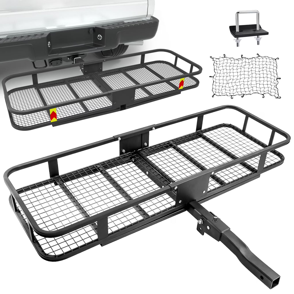 Hitch Mount Folding Cargo Basket with Cargo Net and Anti-rattle Stabilizer, 500 LB Capacity, Fits 2" Receiver R7494