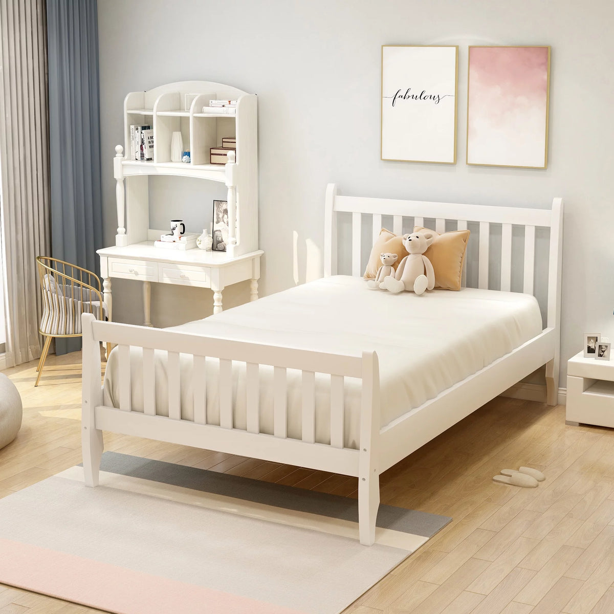 White Twin Platform Bed Frame with Wood Slat Support Q97425
