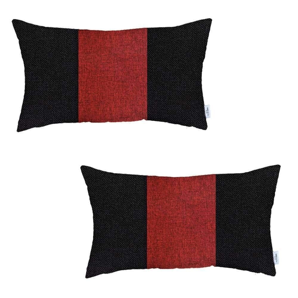 Set Of Two 20" X 12" Black And Red Geometric Polyester Lumbar Pillow F609