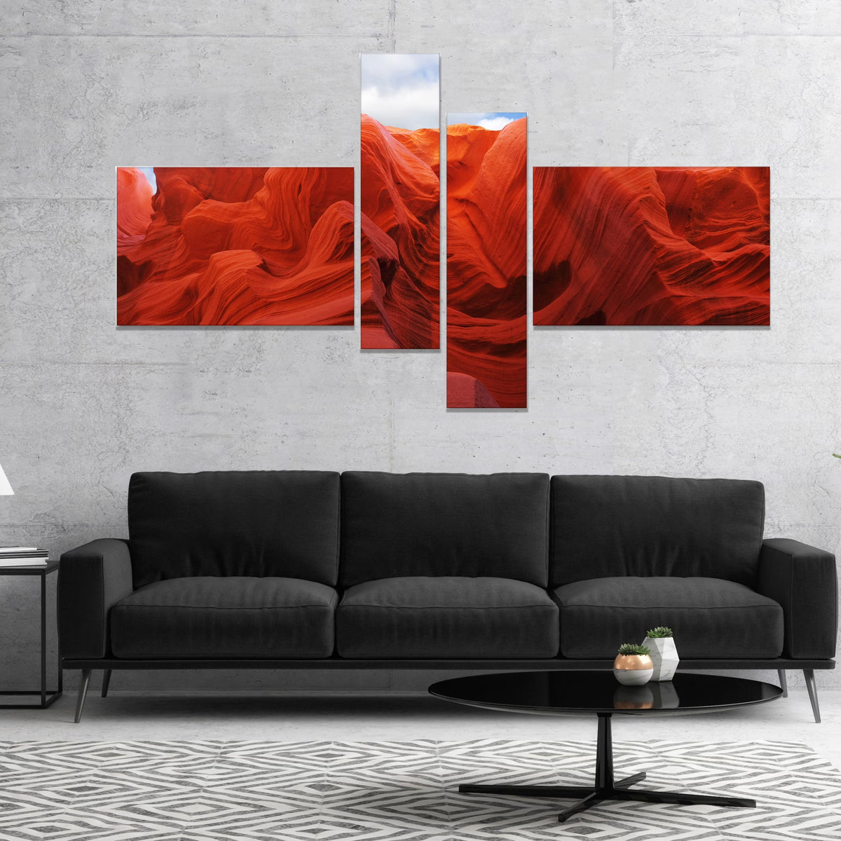 Red and Orange Shade in Antelope Canyon Photography Canvas Art Print 60 in. wide x 32 in. high - 4 Panels R226