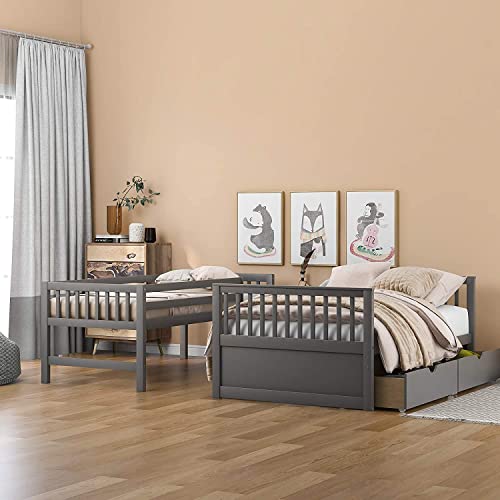 Gray Wood Twin Over Full Bunk Bed with Stairs and Slide X122513