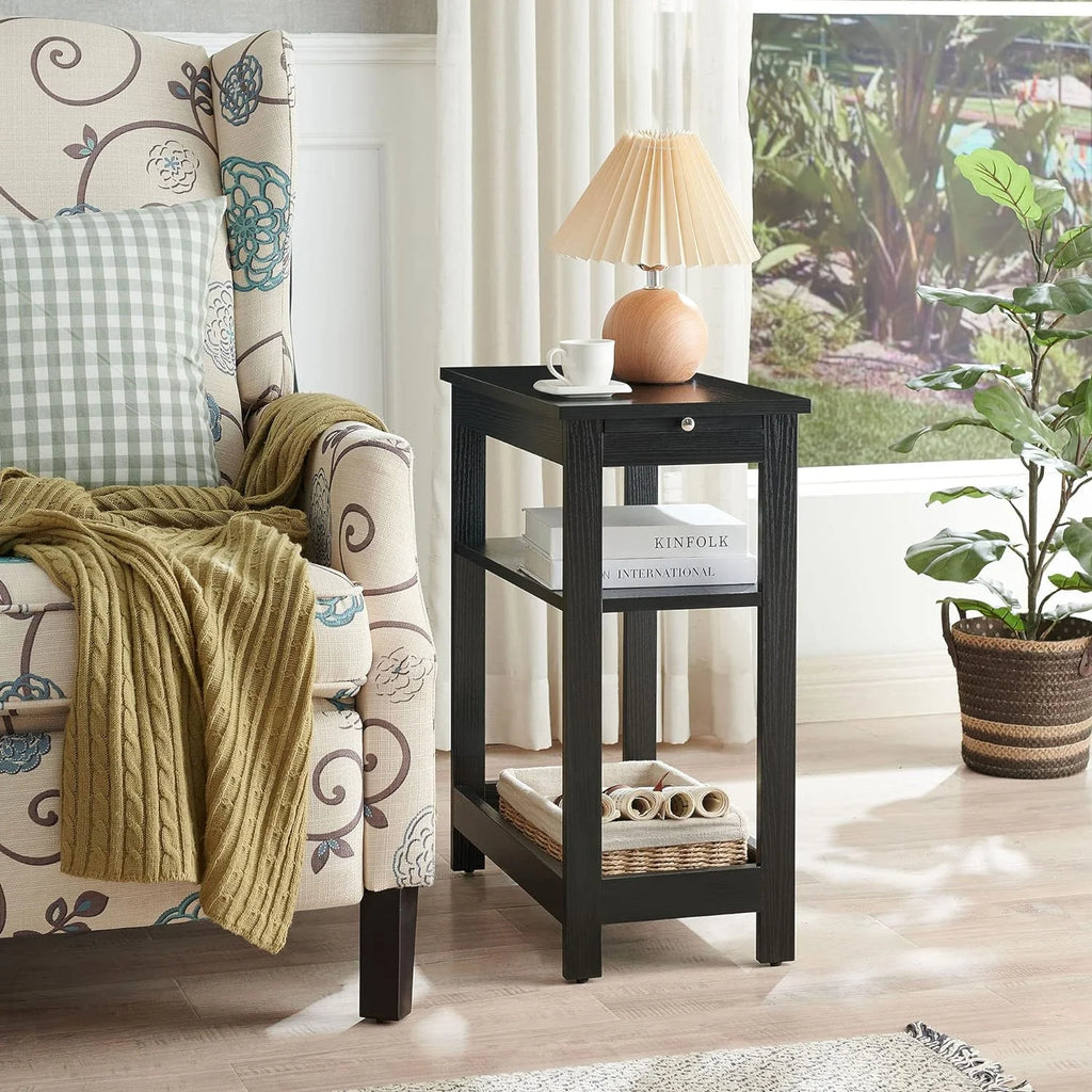 Black Slim Side End Table with Storage Shelves O800791