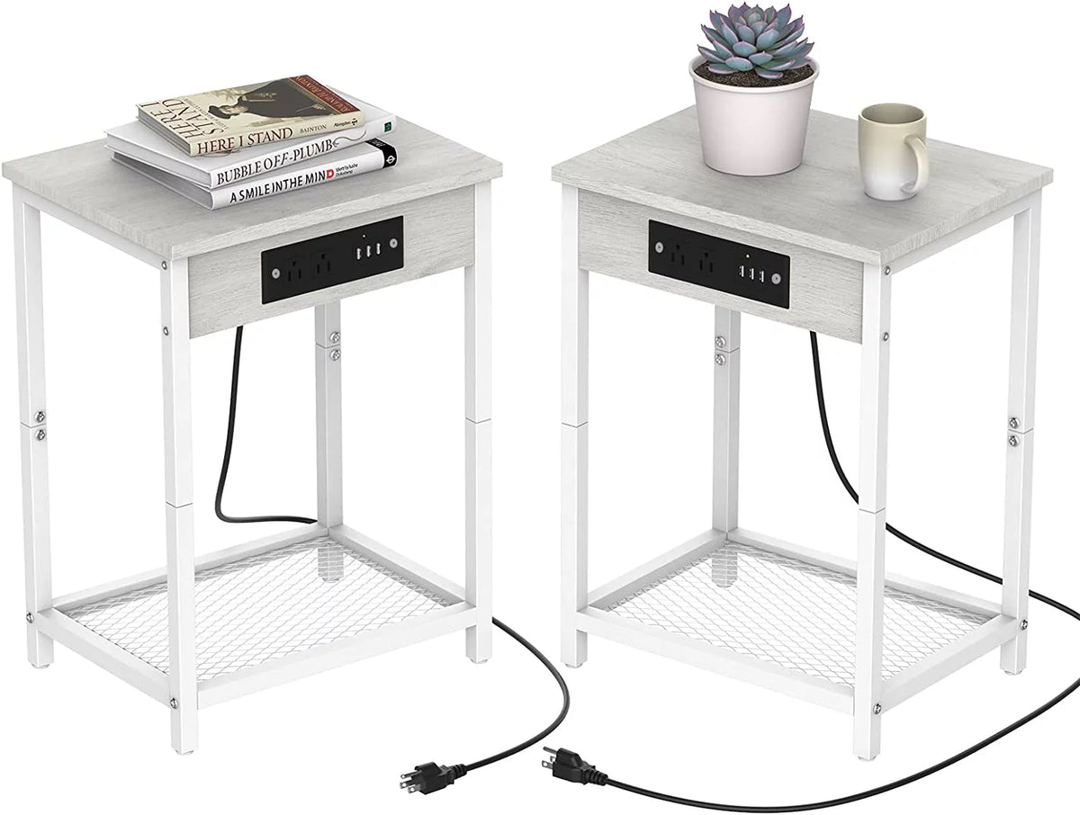 White Set of 2 Nightstand End Table with Charging Station Q86682