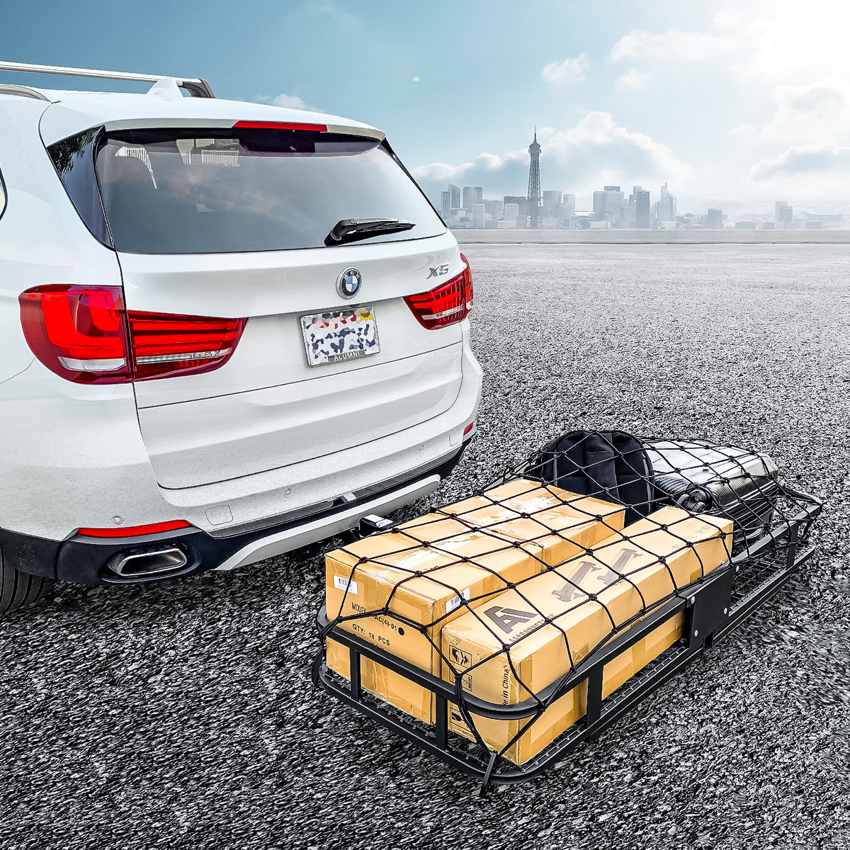 Hitch Mount Folding Cargo Basket with Cargo Net and Anti-rattle Stabilizer, 500 LB Capacity, Fits 2" Receiver R7494