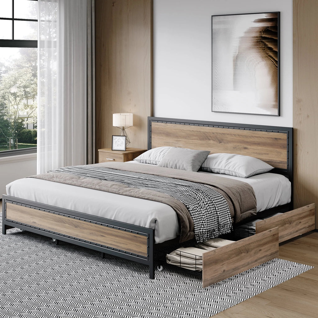 King 4 Drawer Gray Metal Platform Bed with Headboard N297