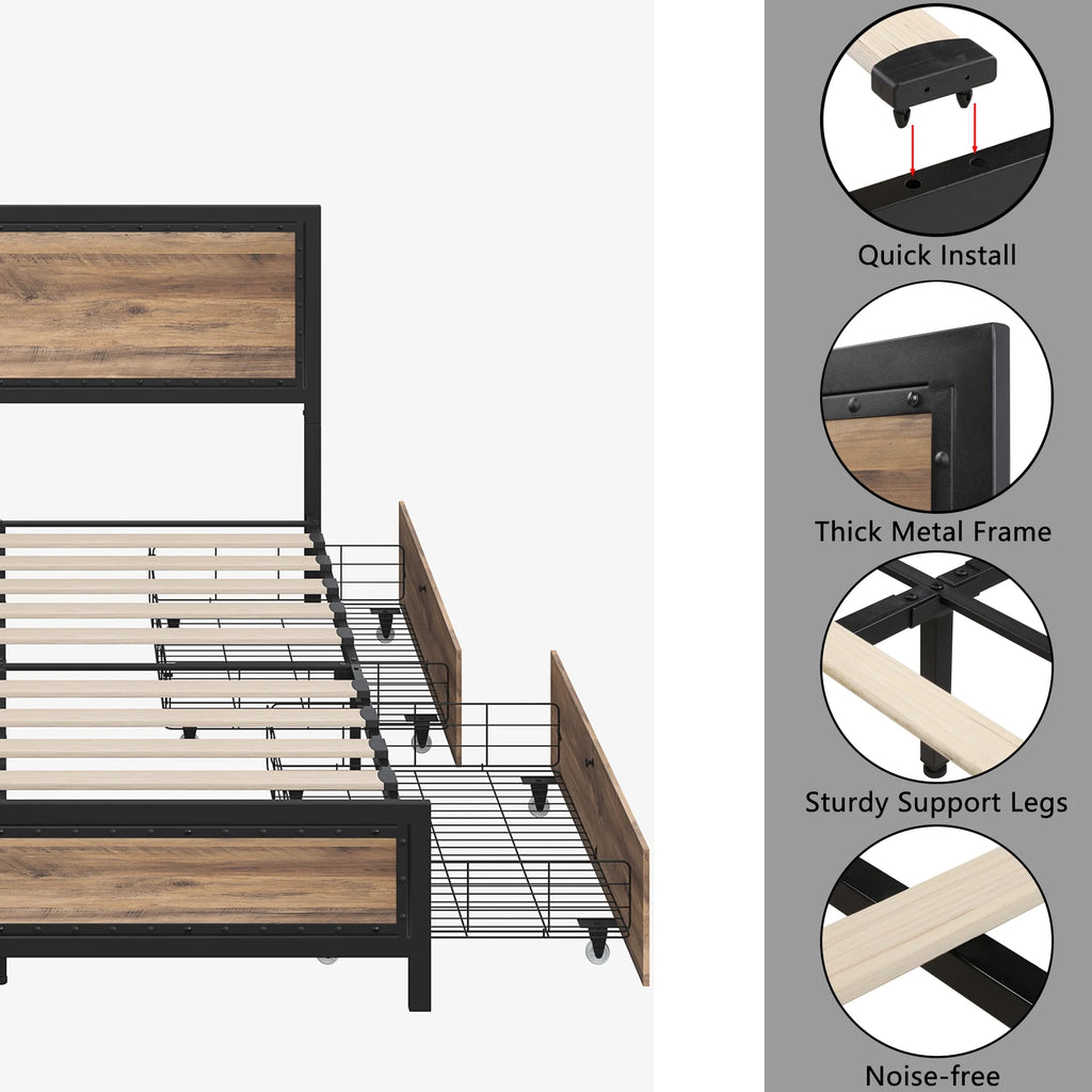 King 4 Drawer Gray Metal Platform Bed with Headboard N297