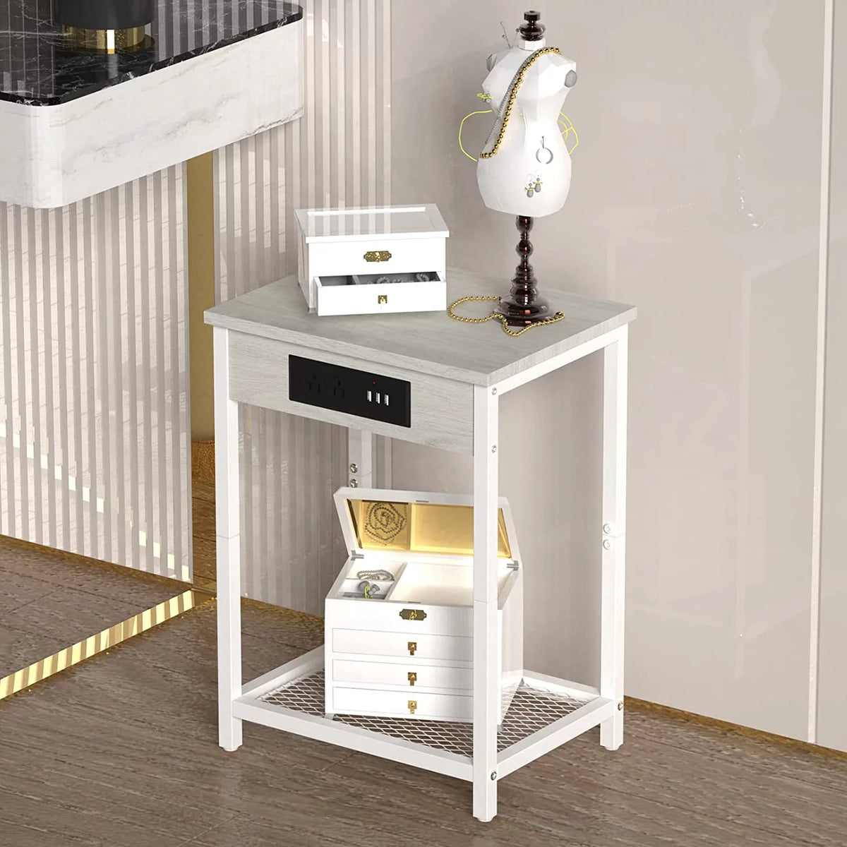 White Set of 2 Nightstand End Table with Charging Station Q86682