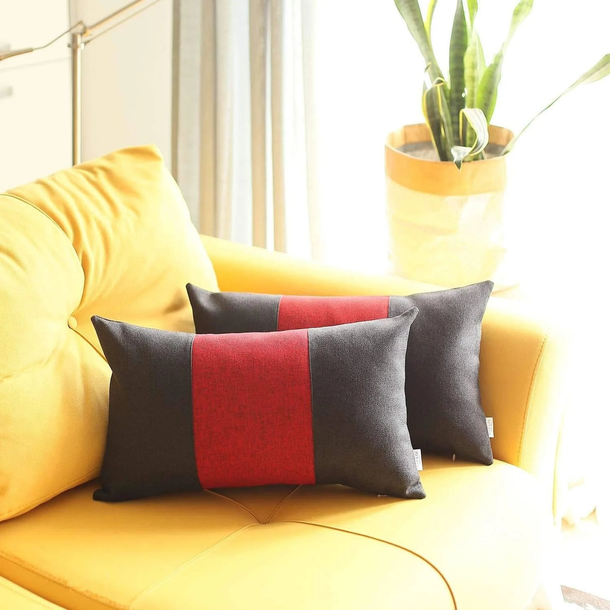 Set Of Two 20" X 12" Black And Red Geometric Polyester Lumbar Pillow F609