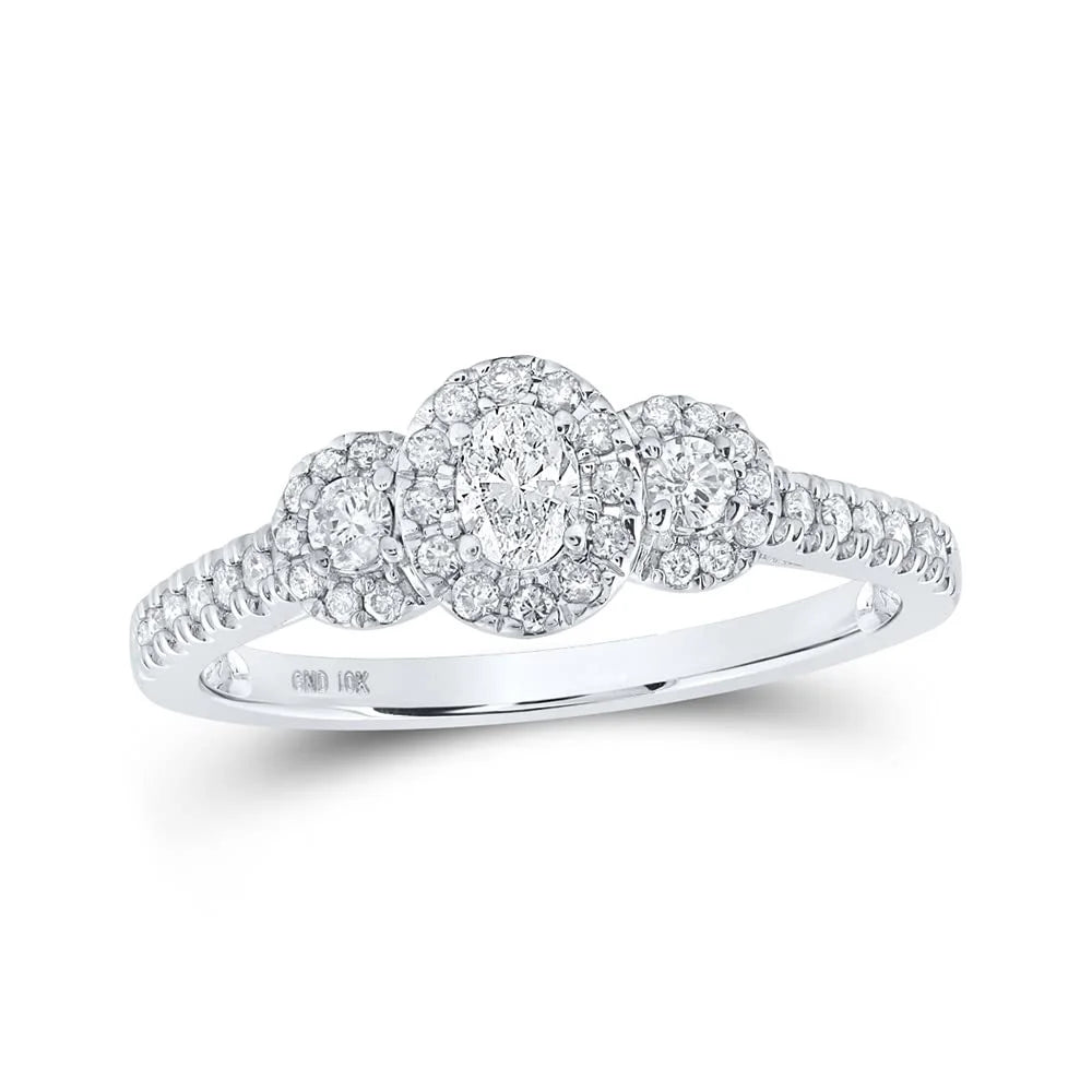 Women's Solid 10kt White Gold Oval Diamond 3-stone Bridal Engagement Ring 1/2 Cttw Ring Size 7.5 Q470686